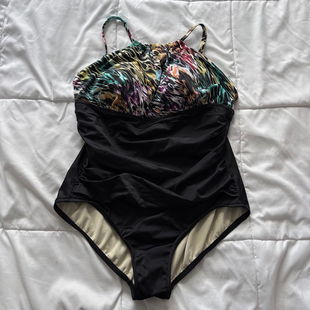 Abstract Tropical High Neck One Piece Swimsuit Black Ruched Tummy Control 16